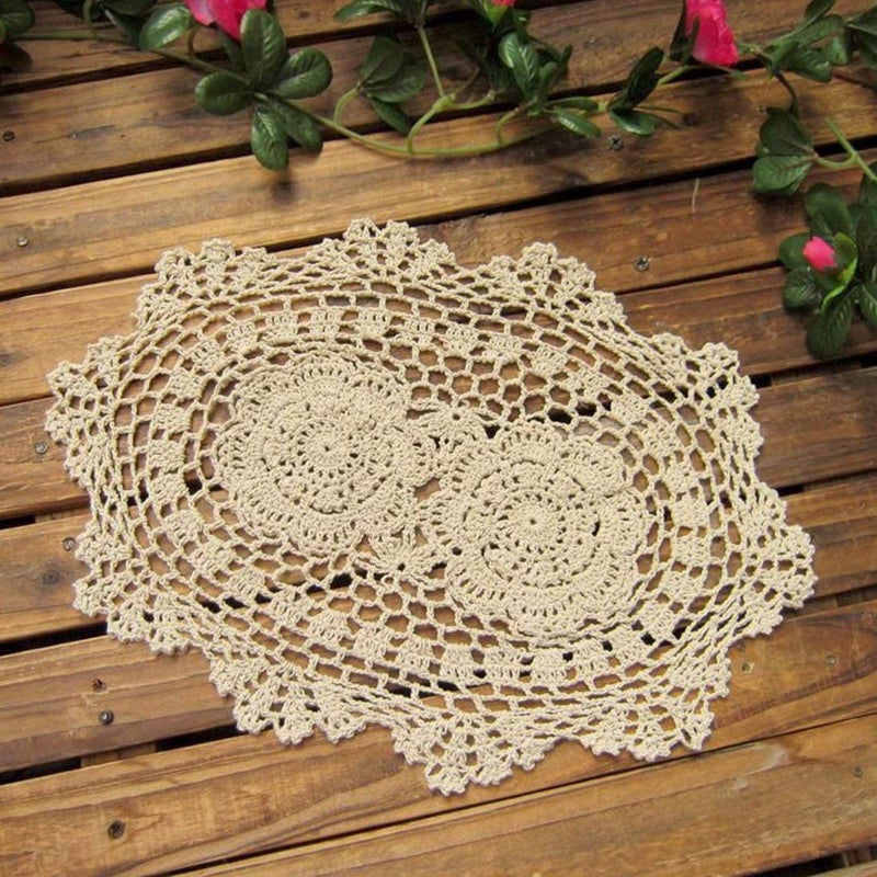 Phantomon Lace Doilies Handmade Crochet Placemats Cotton Doilies Cloth Lace, Pack of 4, Oval Shape, 10 x 14 inch (Beige) - Image 1